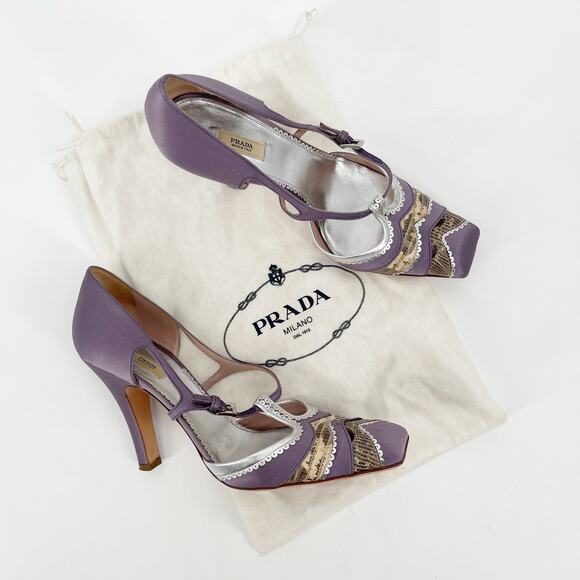 Prada Vintage Lilac Satin Snakeskin Trim Cutout Mary Jane T-Strap Heels IT 38.5 - Picture 1 of 11